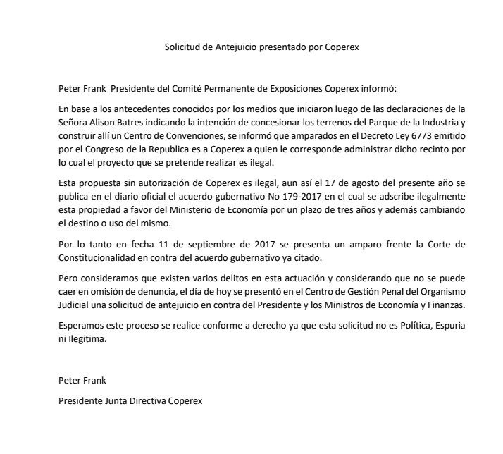 Comunicado de Coperex en el que expone la razón por la que solicitó antejuicio contra el presidente Jimmy Morales. (Foto Prensa Libre: Cortesía)