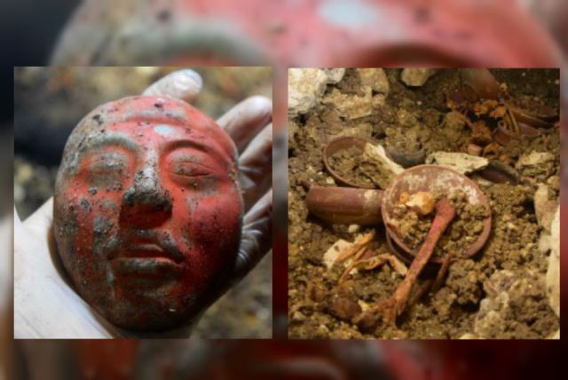 Arqueólogos localizan en la tumba una máscara tallada en jade y huesos pintados de rojo con cinabrio al estilo del Clásico Temprano (250-550 d.C.), de la Civilización Maya. (Foto Prensa Libre: Cortesía de Proyecto Arqueológico Waka´y Ministerio de Cultura y Deportes de Guatemala)