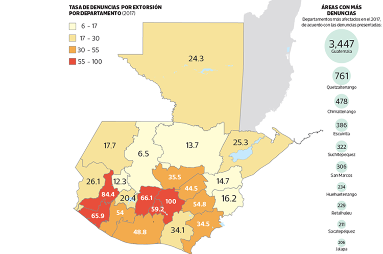 Mapa muestra tasa de denuncia por extorsión. Fuente Cien con datos de PNC.