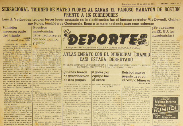 Nota de la sección de Deportes de Prensa Libre del 21 de abril de 1952 donde se informaba del triunfo de Mateo Flores en la Maraton de Boston. (Foto: Hemeroteca PL)