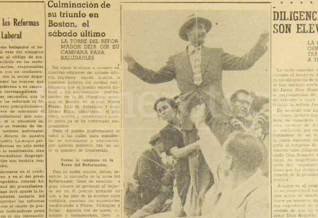 Nota periodística de la Portada de Prensa Libre del lunes 5 de mayo de 1952, donde se detallaban los pormenores de la llegada de Mateo Flores, campeón de la Maratón de Boston de 1952. (Foto: Hemeroteca PL)