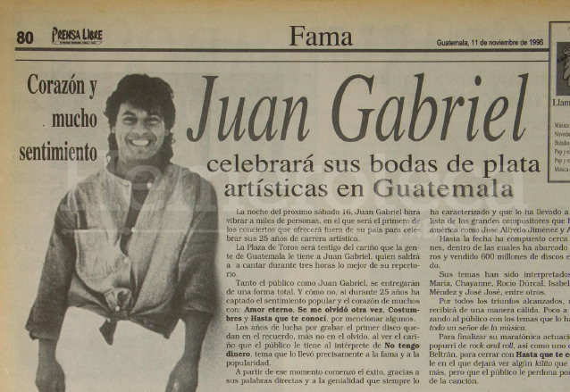 Juan Gabriel compartió con los guatemaltecos sus 25 años de carrera artística en 1996. (Foto: Hemeroteca PL)