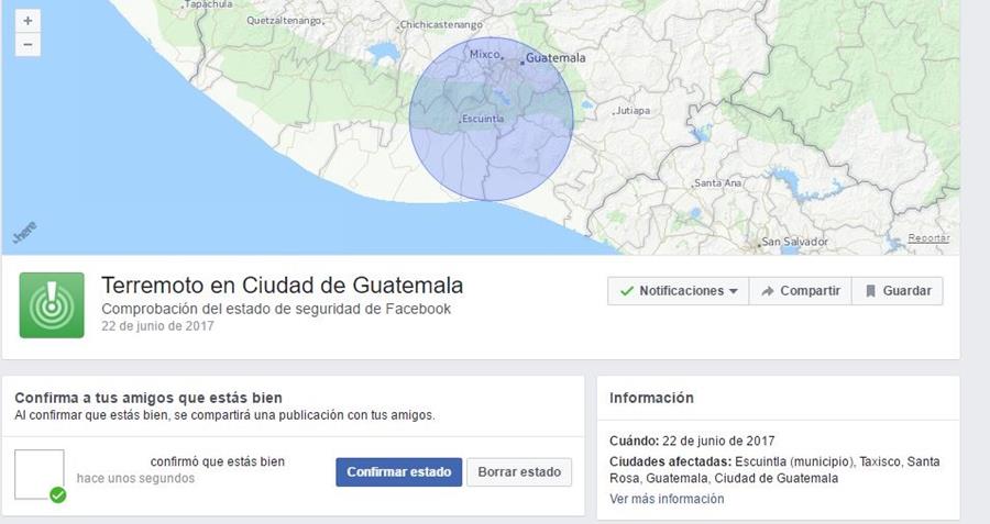Facebook activa la herramienta Safety check tras temblor en Guatemala. (Foto Prensa Libre: Facebook)