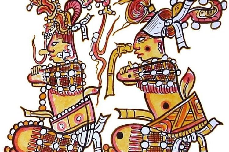 Los héroes gemelos Huhnapú e Ixbalanqué. Dibujo realizado con base en la decoración de una antigua pieza cerámica maya. (Foto Prensa Libre, tomada de squitel.blogspot.com)