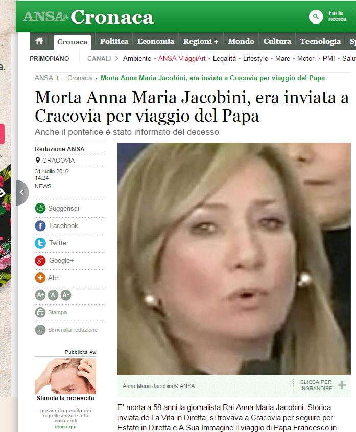 La agencia de noticias italiana, ANSA, informó la muerte de la periodista. (Captura del sitio: www.ansa.it).