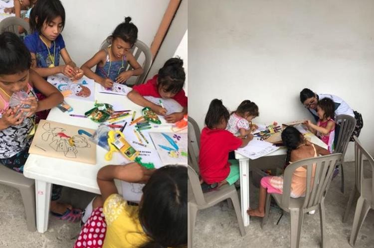 Los psicólogos organizan actividades con los niños que fueron evacuados y afectados por el incidente en el Volcán de Fuego (Foto Prensa Libre: cortesía).